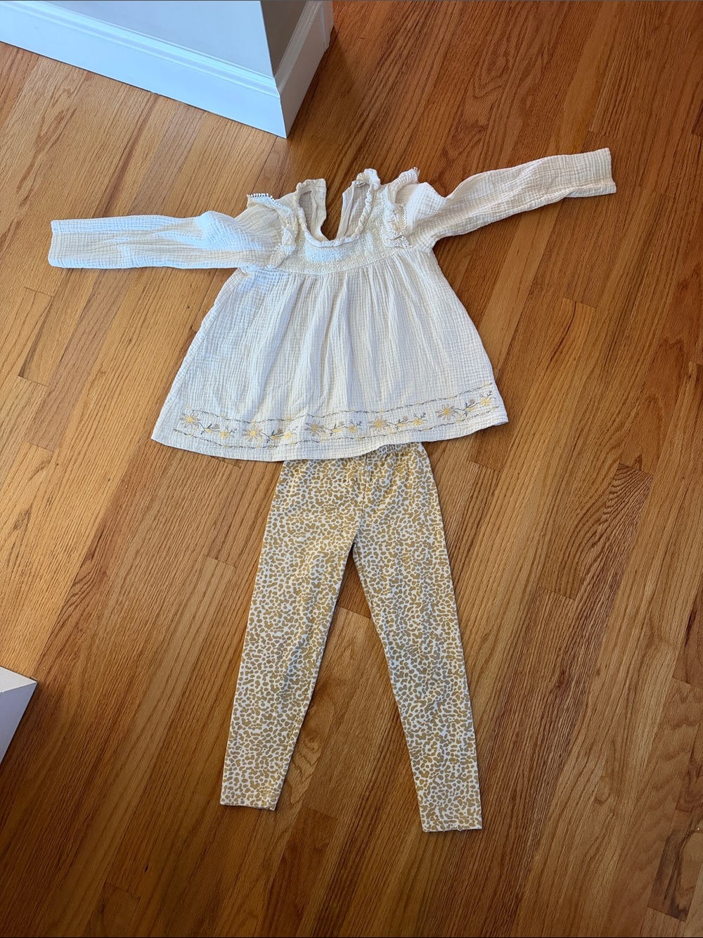 Cream Peasant Top with Yellow Floral Trim & Yellow Leopard Leggings